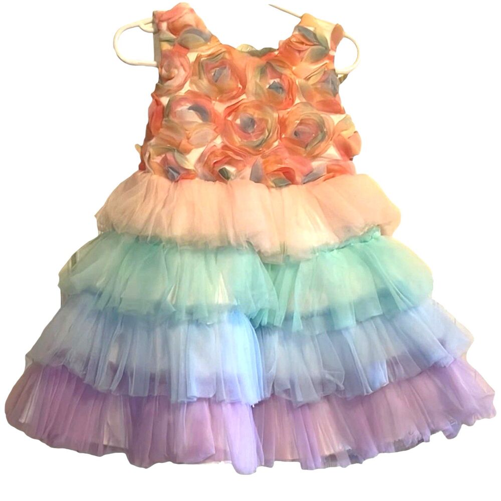 Rainbow Tulle Party Dress Toddler 2T 3T Size 90 Rosette Floral Dreamy Birthday